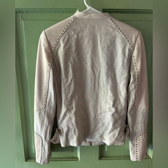 New LaMarque Tan Leather Linen moto biker studded zips Jacket small - Picture 6 of 13